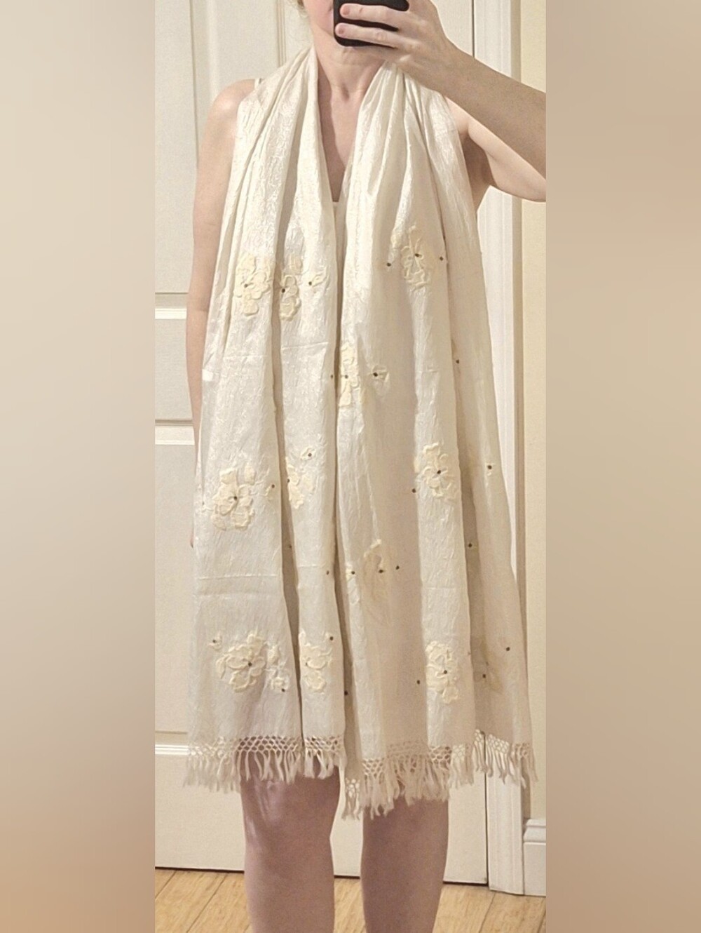MARIANNE KOOIMANS | Cream, Silk Scarf/Wrap w/ Metallic Flicks